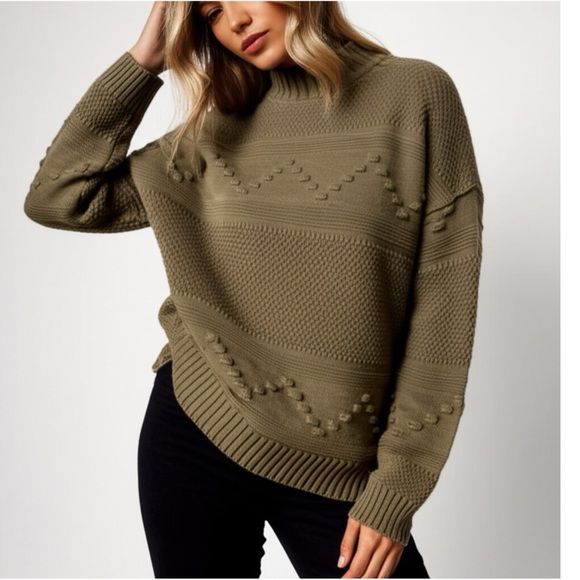 New Women’s Pink Clover Gabriel Mock Neck Textured Sweater Olive Green Size XL - Picture 1 of 11